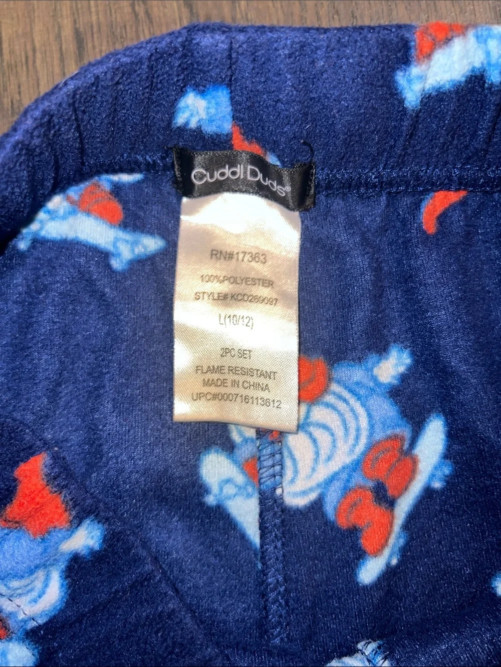 Cuddl Duds Light Blue Top with Navy Character Print Pajama Pants Size 10/12